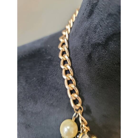 Women's Gold Pearl Black Beaded Necklace Lobster Clasp Chunky Statement - Picture 5 of 6